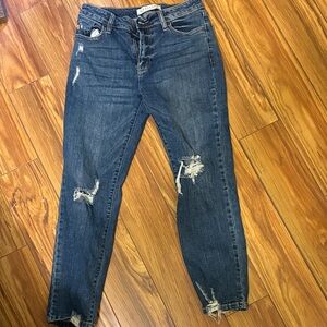 Signature Distressed Dark Blue Ankle Jeans